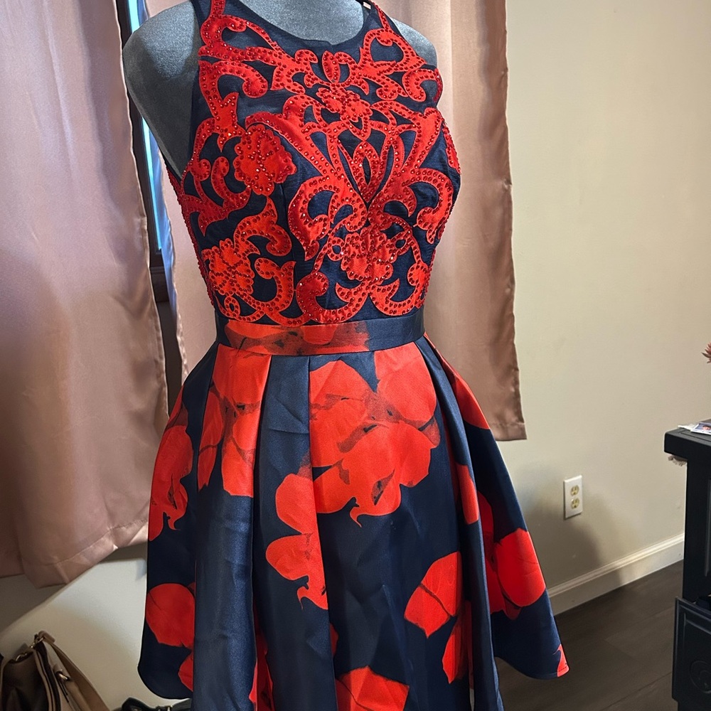 Terani Couture Glamour Dress with Red and Navy Accents